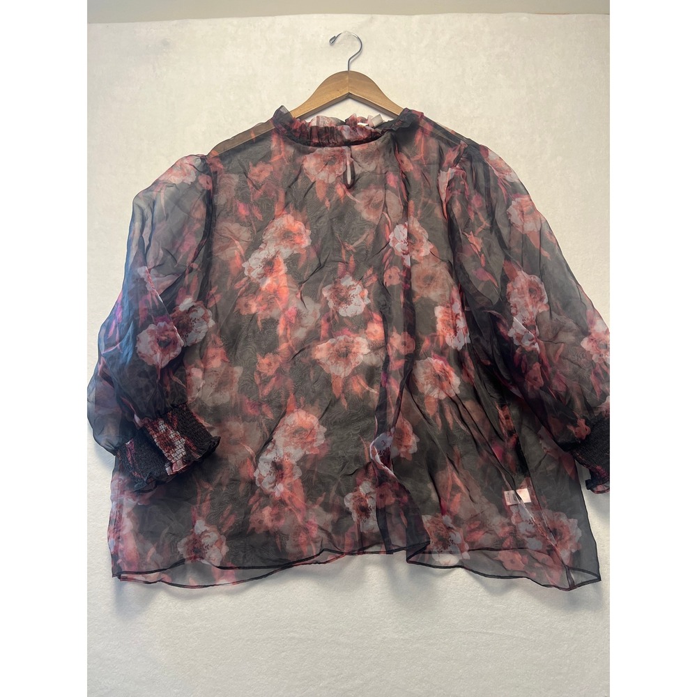 Est. 1946 22/24W Blouse Romantic Floral Sheer Black Pink Ruffle Smocked Top
